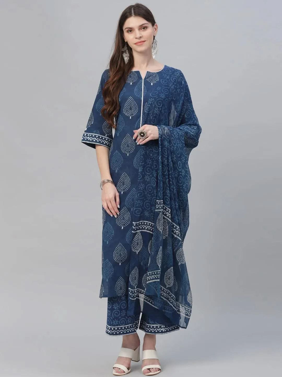 Libas Blue Printed Cotton Straight Kurta With Palazzos & Dupatta