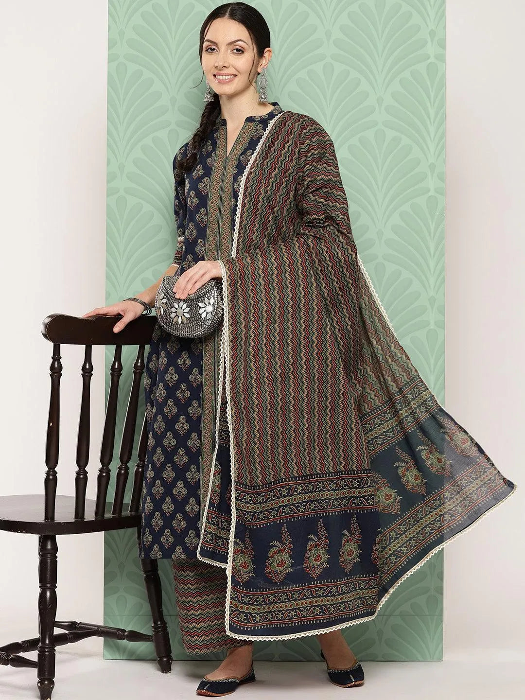 Libas Blue Printed Cotton Straight Suit With Dupatta