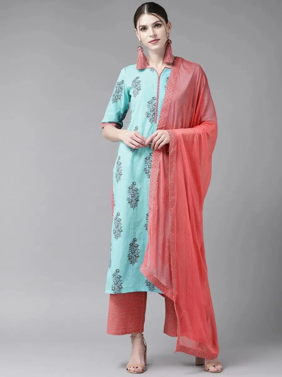 Libas Blue Printed Cotton Straight Kurta With Palazzos & Dupatta