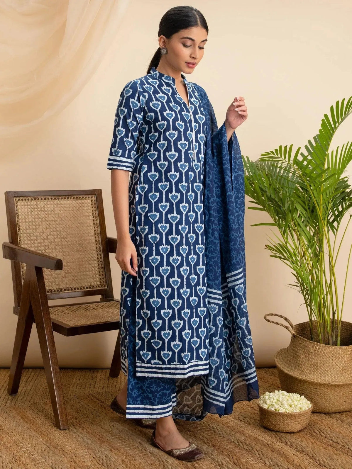 Libas Blue Printed Cotton Straight Kurta With Palazzos & Dupatta