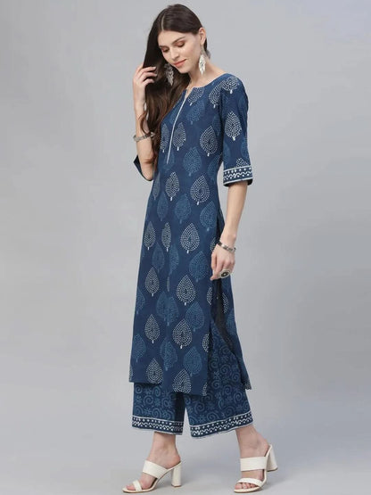 Libas Blue Printed Cotton Straight Kurta With Palazzos & Dupatta