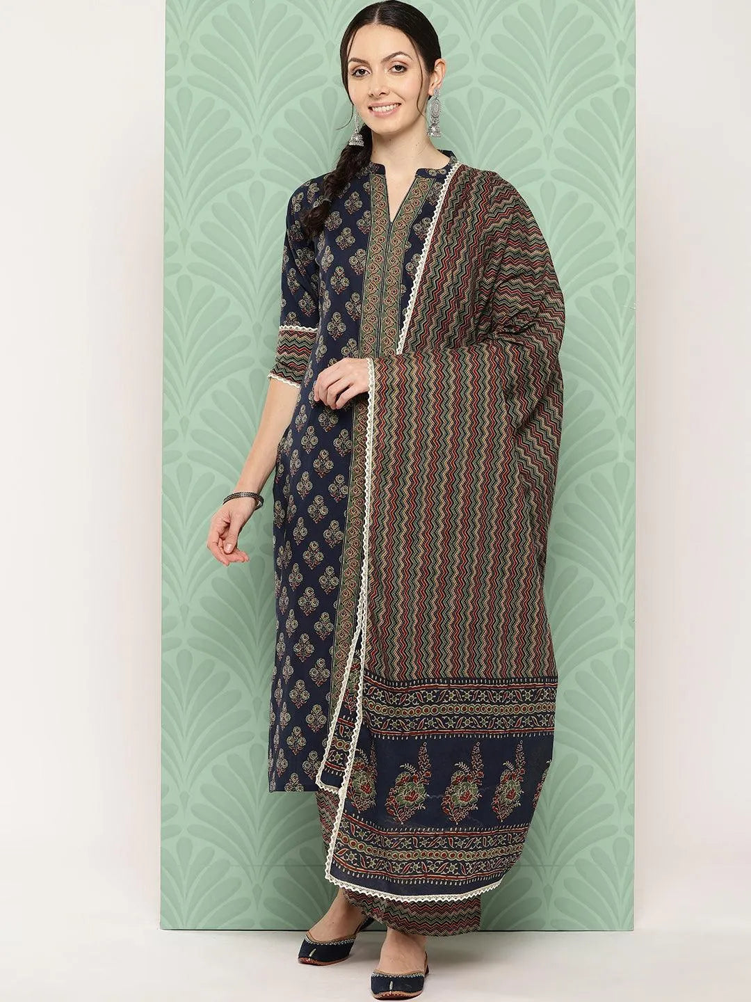 Libas Blue Printed Cotton Straight Suit With Dupatta