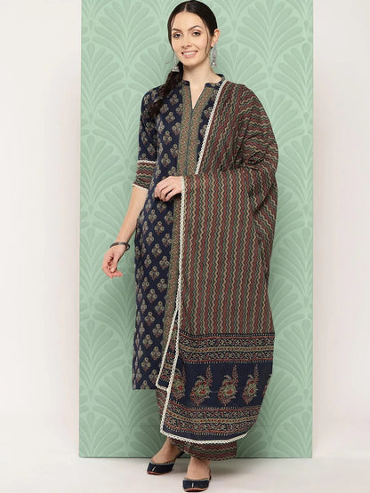 Libas Blue Printed Cotton Straight Suit With Dupatta