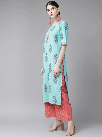 Libas Blue Printed Cotton Straight Kurta With Palazzos & Dupatta