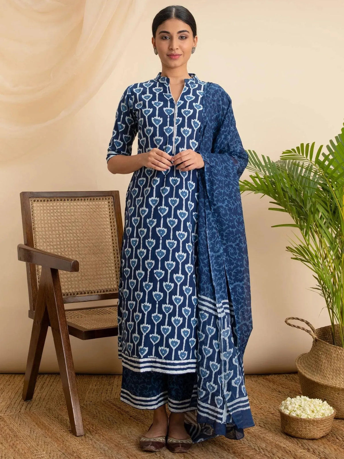 Libas Blue Printed Cotton Straight Kurta With Palazzos & Dupatta
