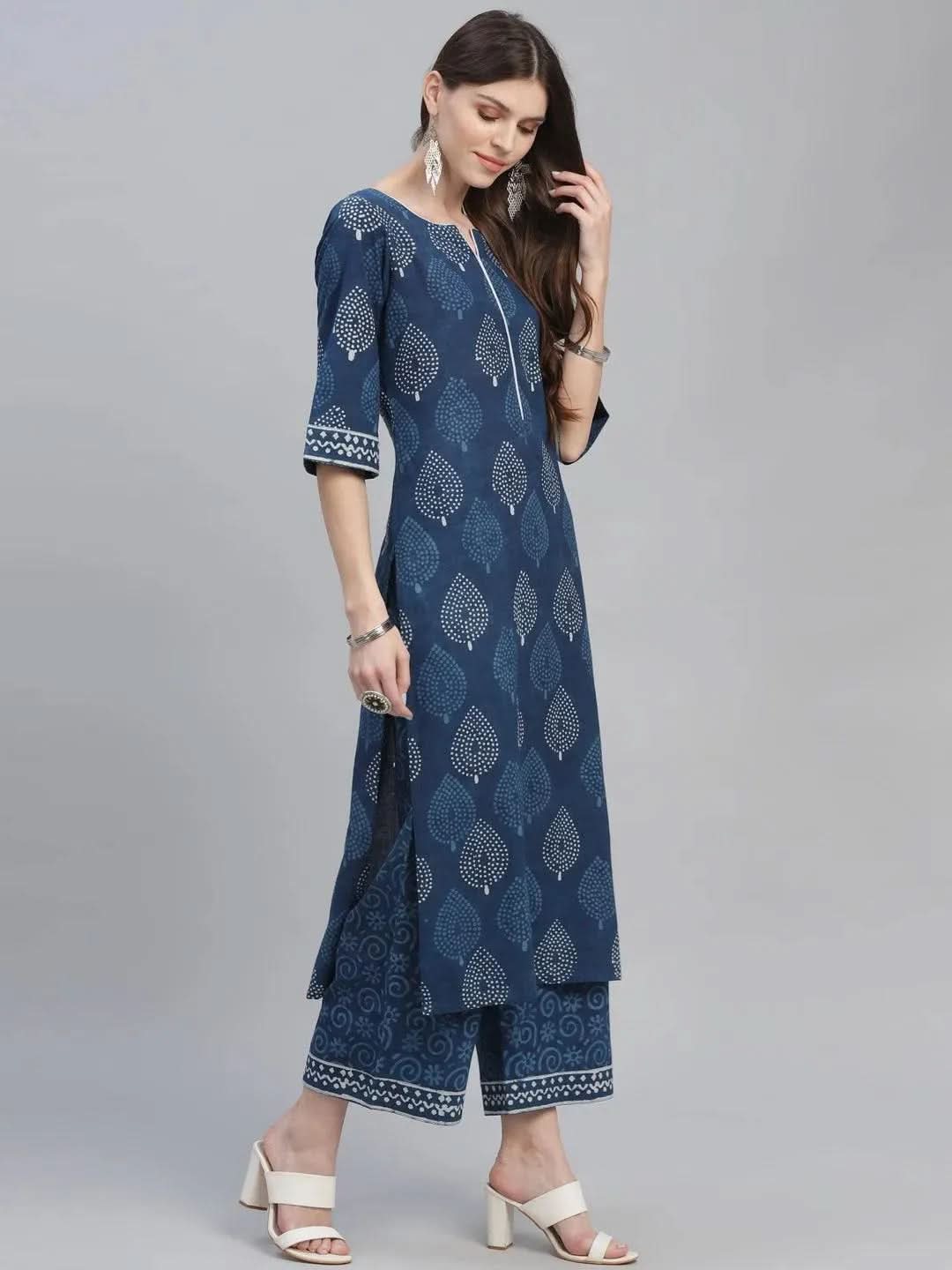 Libas Blue Printed Cotton Straight Kurta With Palazzos & Dupatta