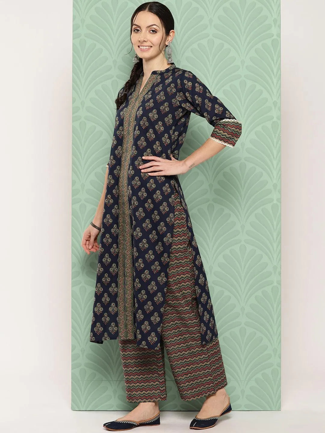 Libas Blue Printed Cotton Straight Suit With Dupatta