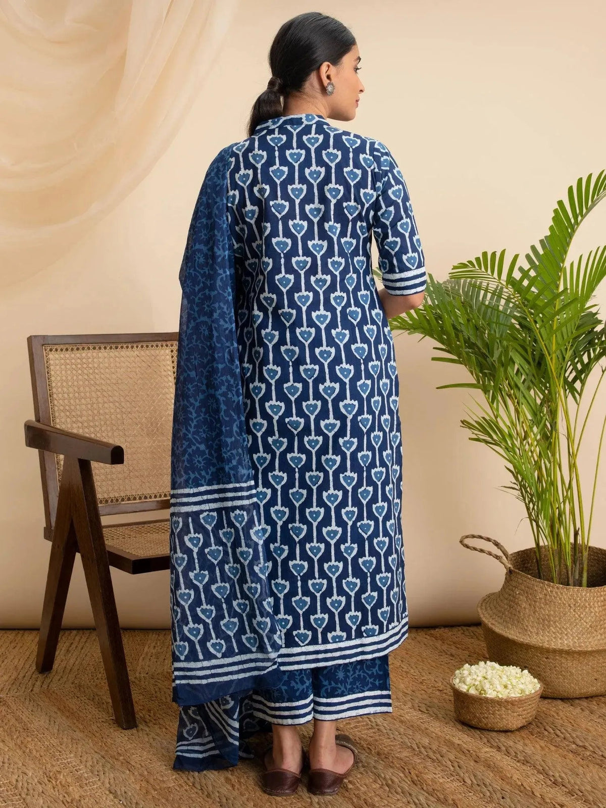 Libas Blue Printed Cotton Straight Kurta With Palazzos & Dupatta