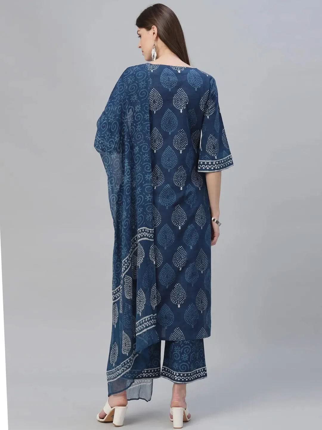 Libas Blue Printed Cotton Straight Kurta With Palazzos & Dupatta