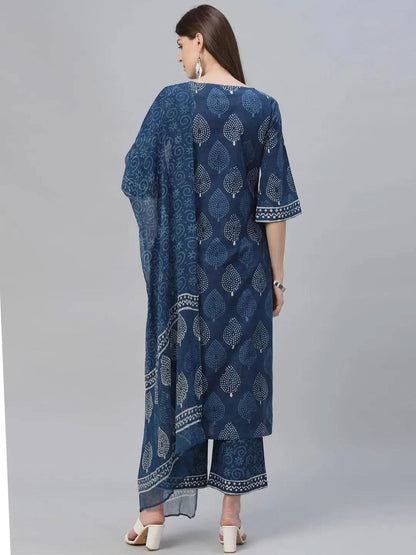 Libas Blue Printed Cotton Straight Kurta With Palazzos & Dupatta