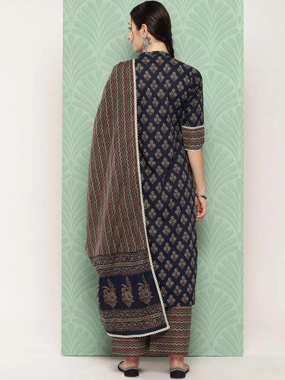 Libas Blue Printed Cotton Straight Suit With Dupatta