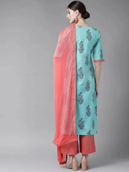 Libas Blue Printed Cotton Straight Kurta With Palazzos & Dupatta