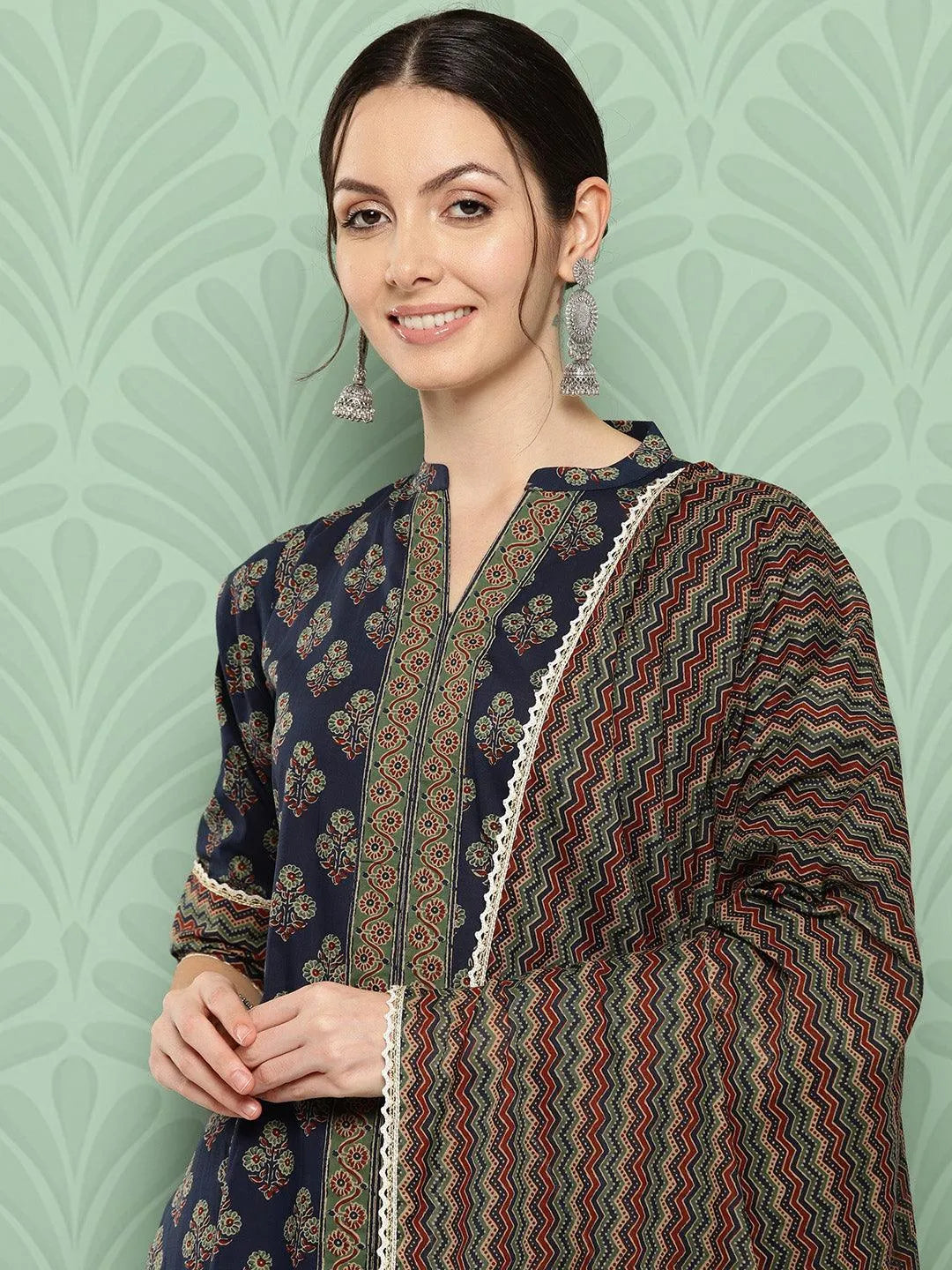 Libas Blue Printed Cotton Straight Suit With Dupatta
