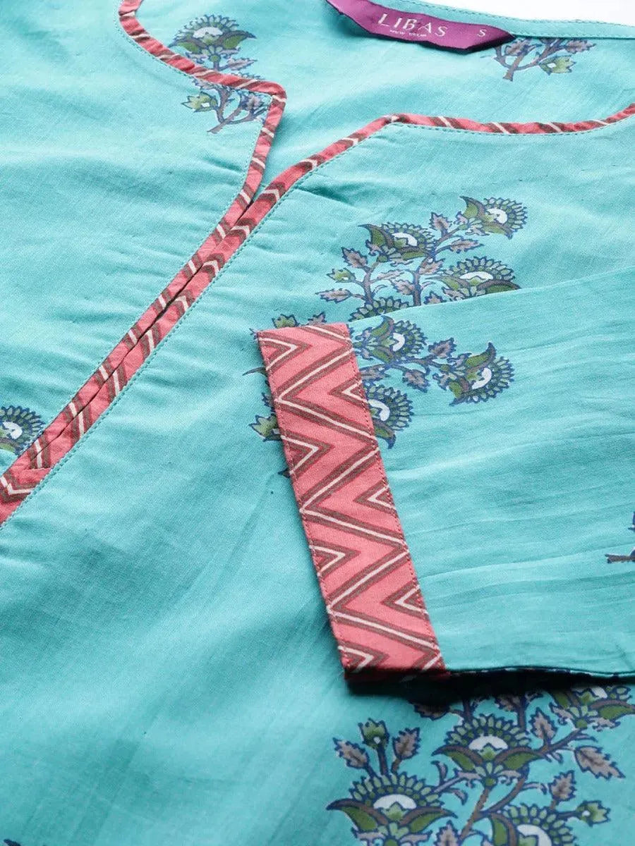 Libas Blue Printed Cotton Straight Kurta With Palazzos & Dupatta
