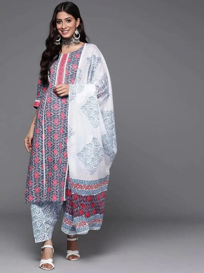 Libas Blue Printed Cotton Straight Kurta With Salwar & Dupatta