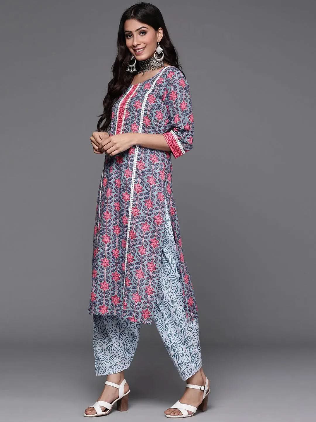 Libas Blue Printed Cotton Straight Kurta With Salwar & Dupatta