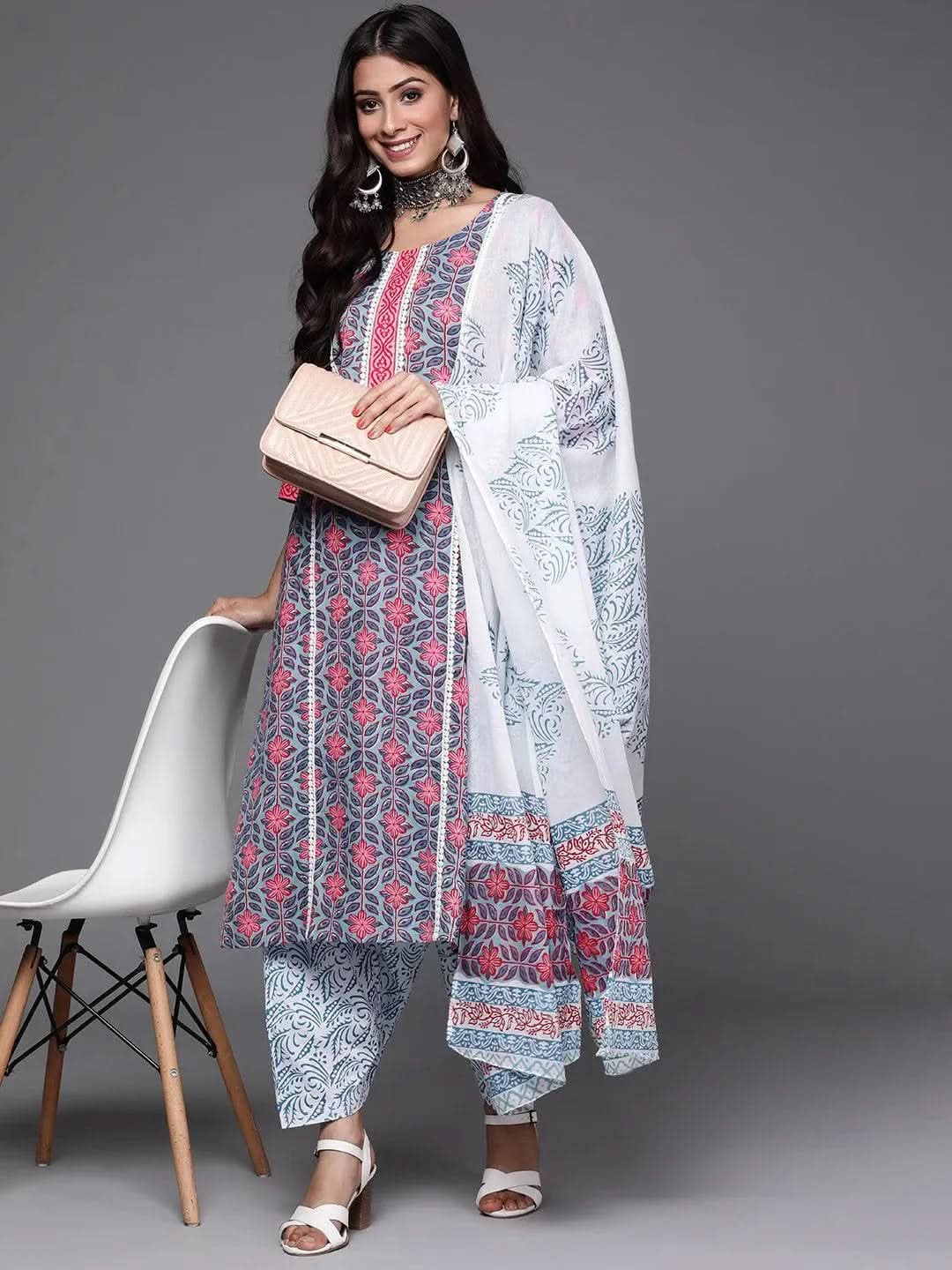 Libas Blue Printed Cotton Straight Kurta With Salwar & Dupatta