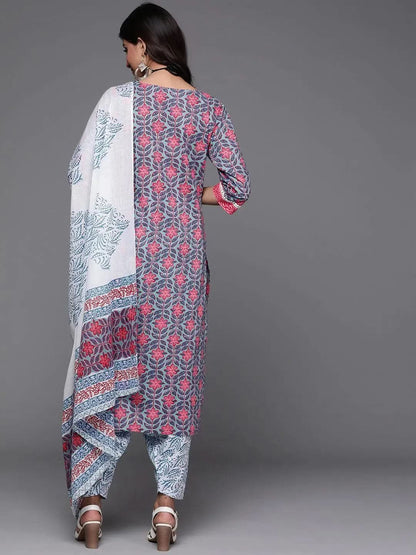 Libas Blue Printed Cotton Straight Kurta With Salwar & Dupatta