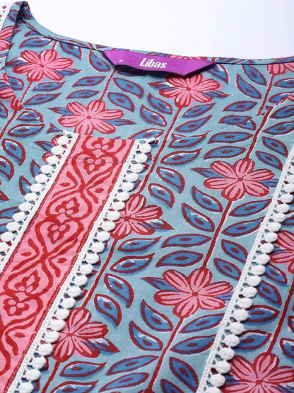 Libas Blue Printed Cotton Straight Kurta With Salwar & Dupatta
