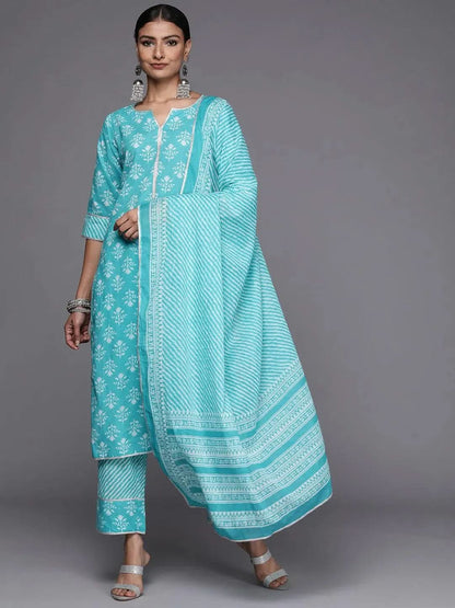 Libas Blue Printed Cotton Straight Kurta With Trousers & Dupatta