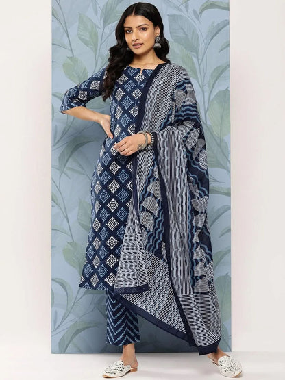 Libas Blue Printed Cotton Straight Kurta With Trousers & Dupatta