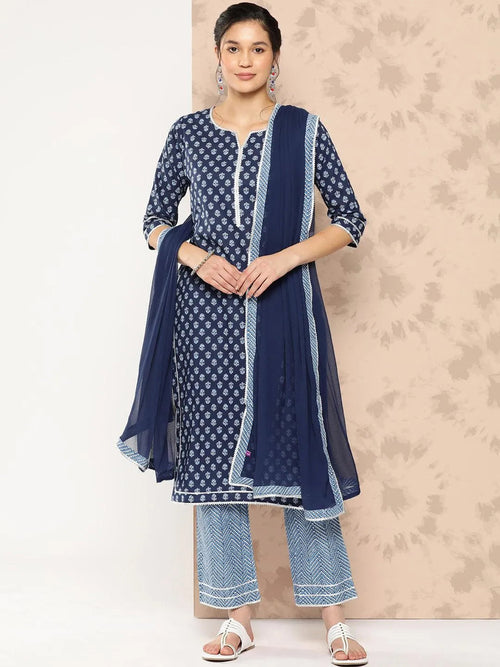 Libas Blue Printed Cotton Straight Kurta With Trousers and Dupatta