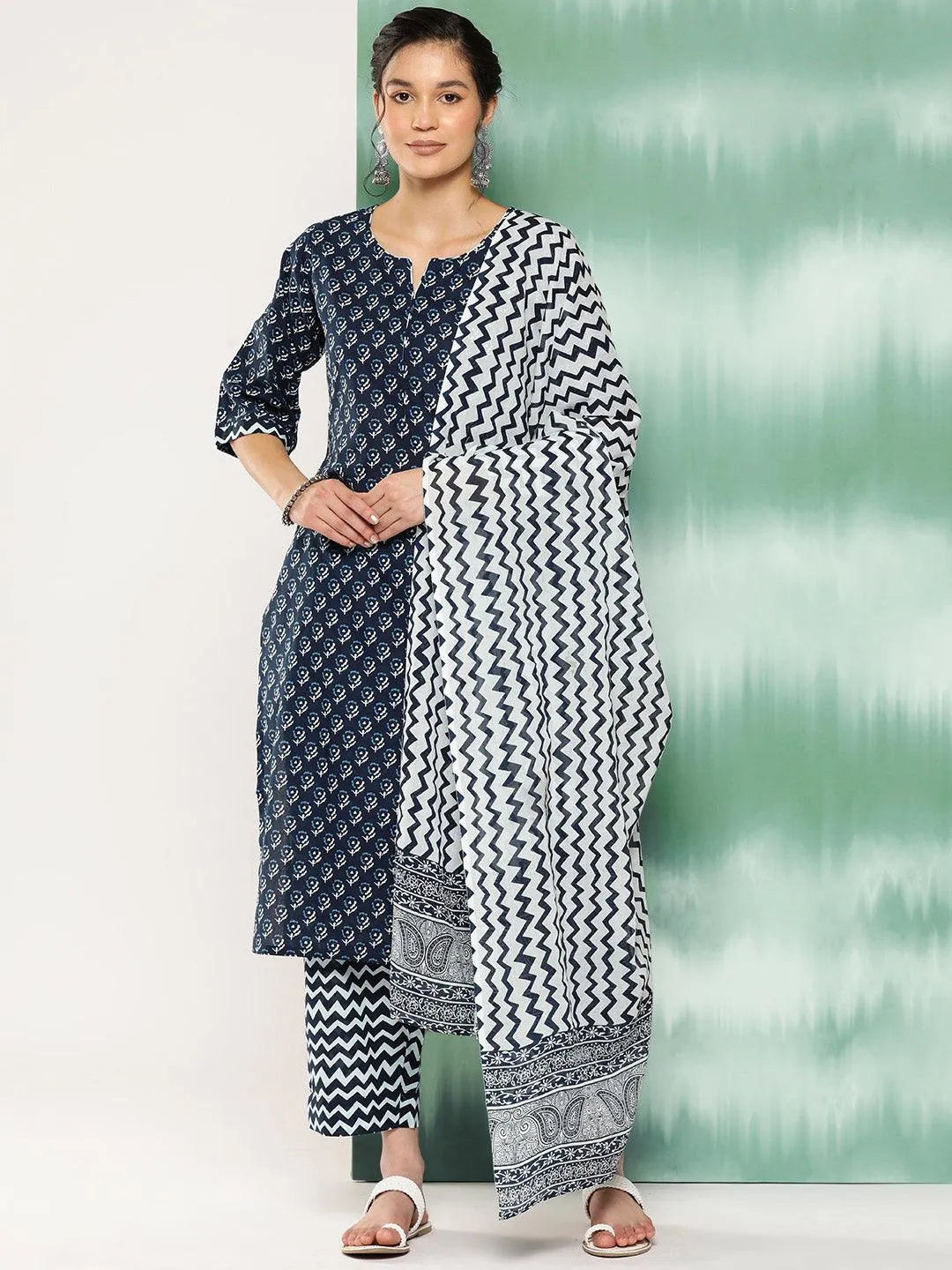 Libas Blue Printed Cotton Straight Kurta With Trousers and Dupatta