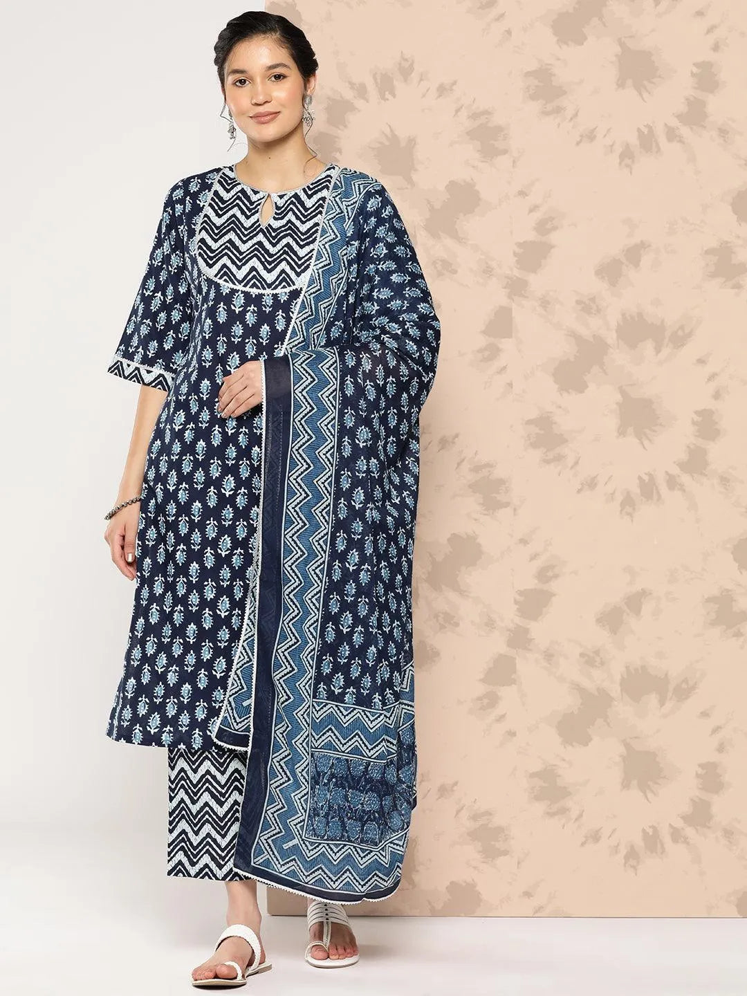 Libas Blue Printed Cotton Straight Kurta With Trousers and Dupatta