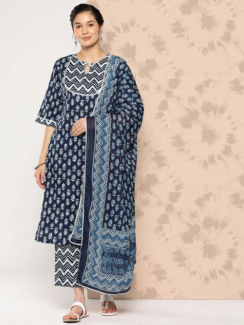 Libas Blue Printed Cotton Straight Kurta With Trousers and Dupatta