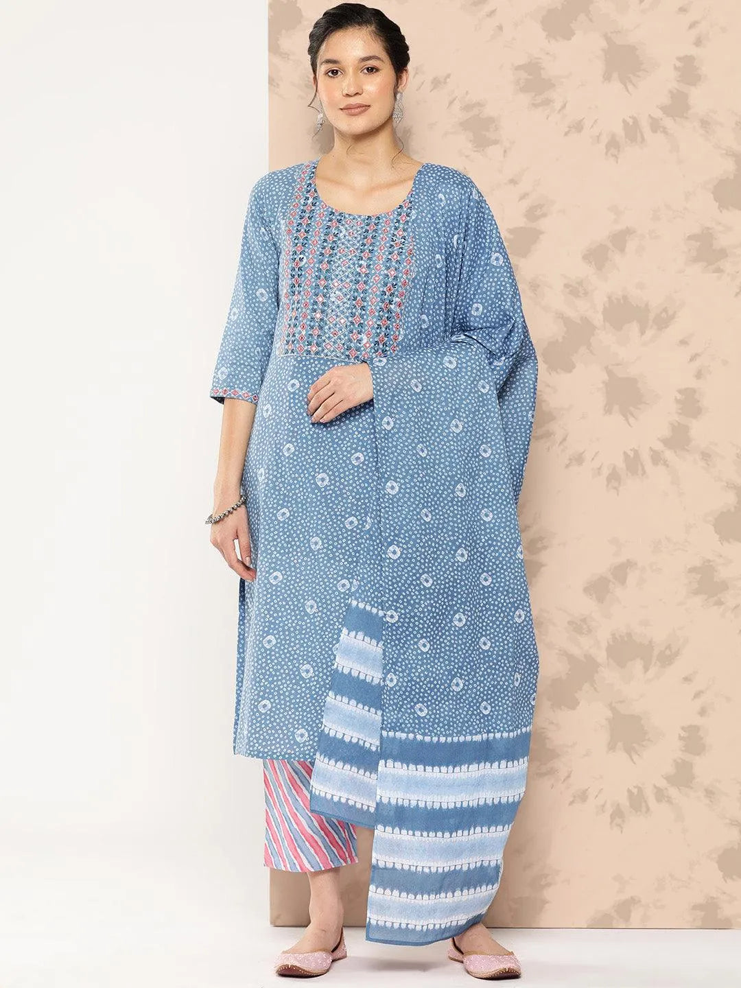 Libas Blue Printed Cotton Straight Kurta With Trousers and Dupatta