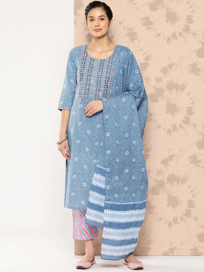 Libas Blue Printed Cotton Straight Kurta With Trousers and Dupatta