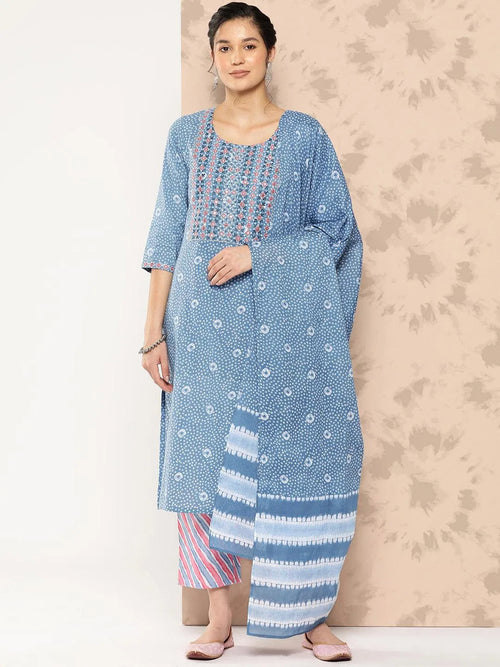 Libas Blue Printed Cotton Straight Kurta With Trousers and Dupatta