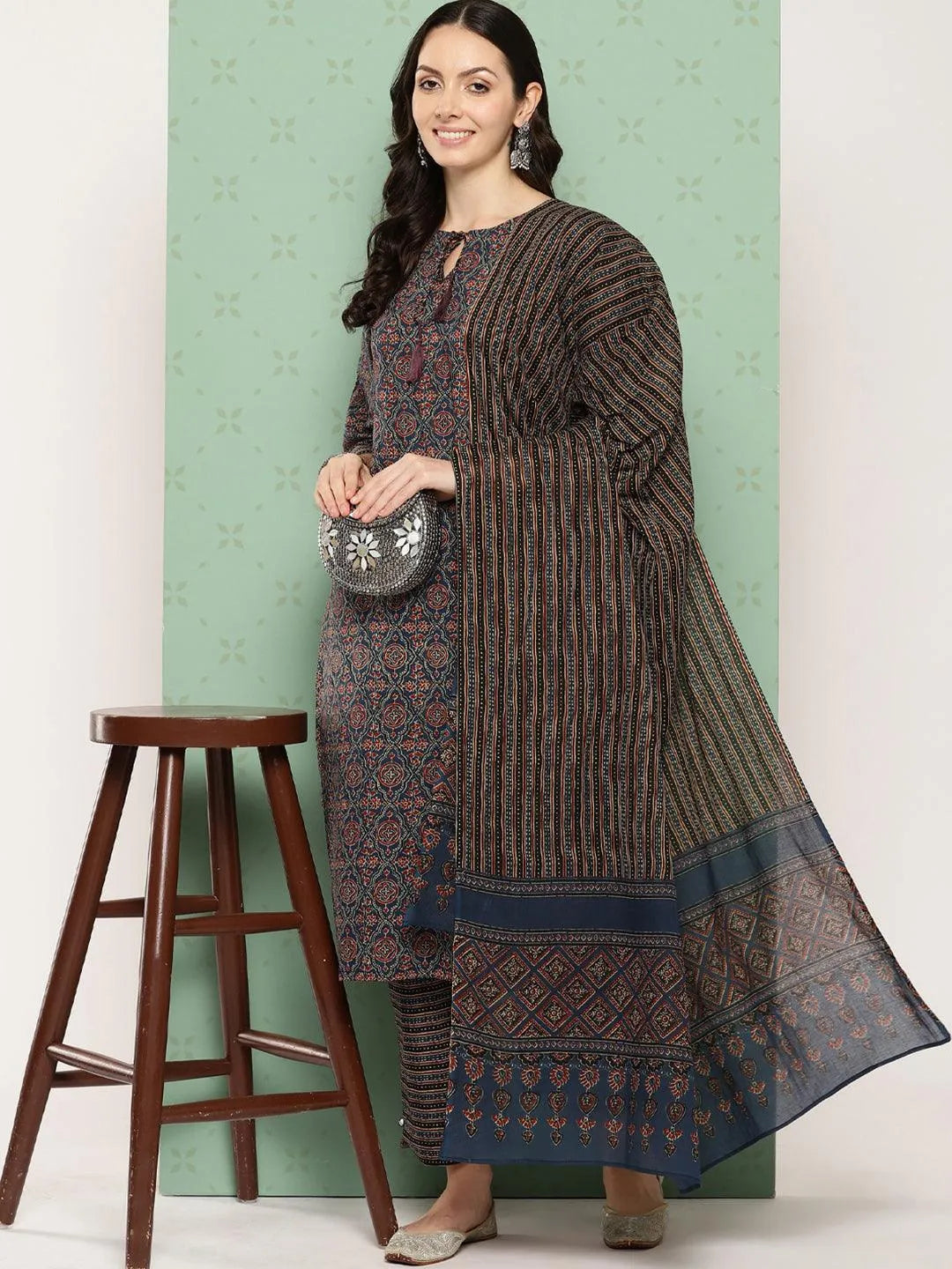 Libas Blue Printed Cotton Straight Suit With Dupatta