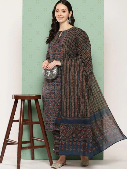 Libas Blue Printed Cotton Straight Suit With Dupatta