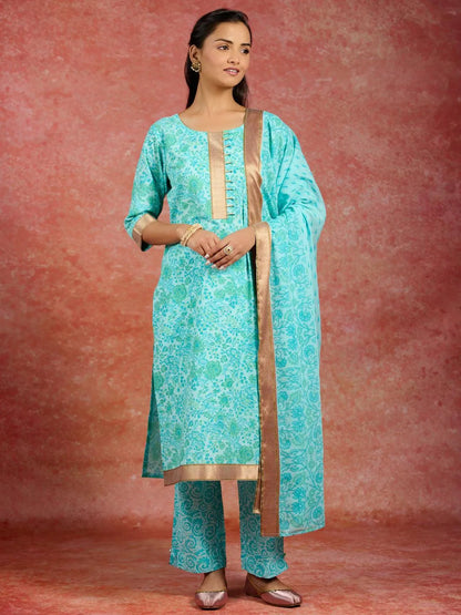 Libas Blue Printed Cotton Straight Suit With Dupatta