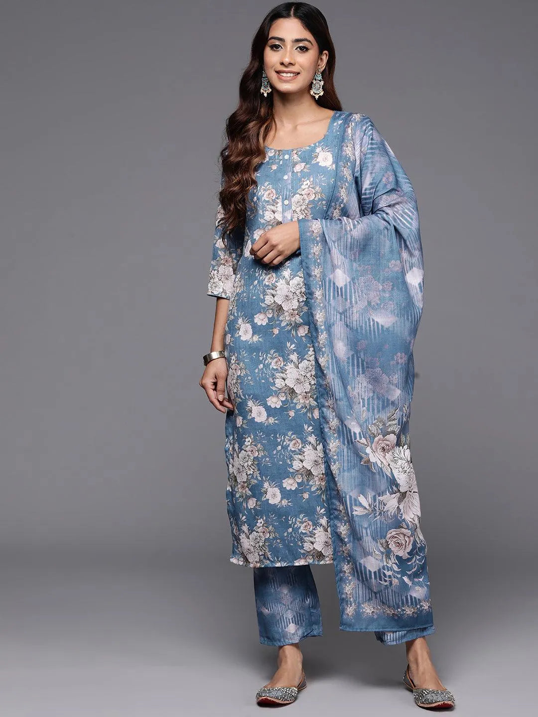 Libas Blue Printed Cotton Straight Suit With Dupatta