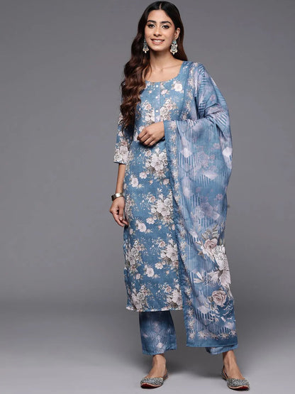 Libas Blue Printed Cotton Straight Suit With Dupatta