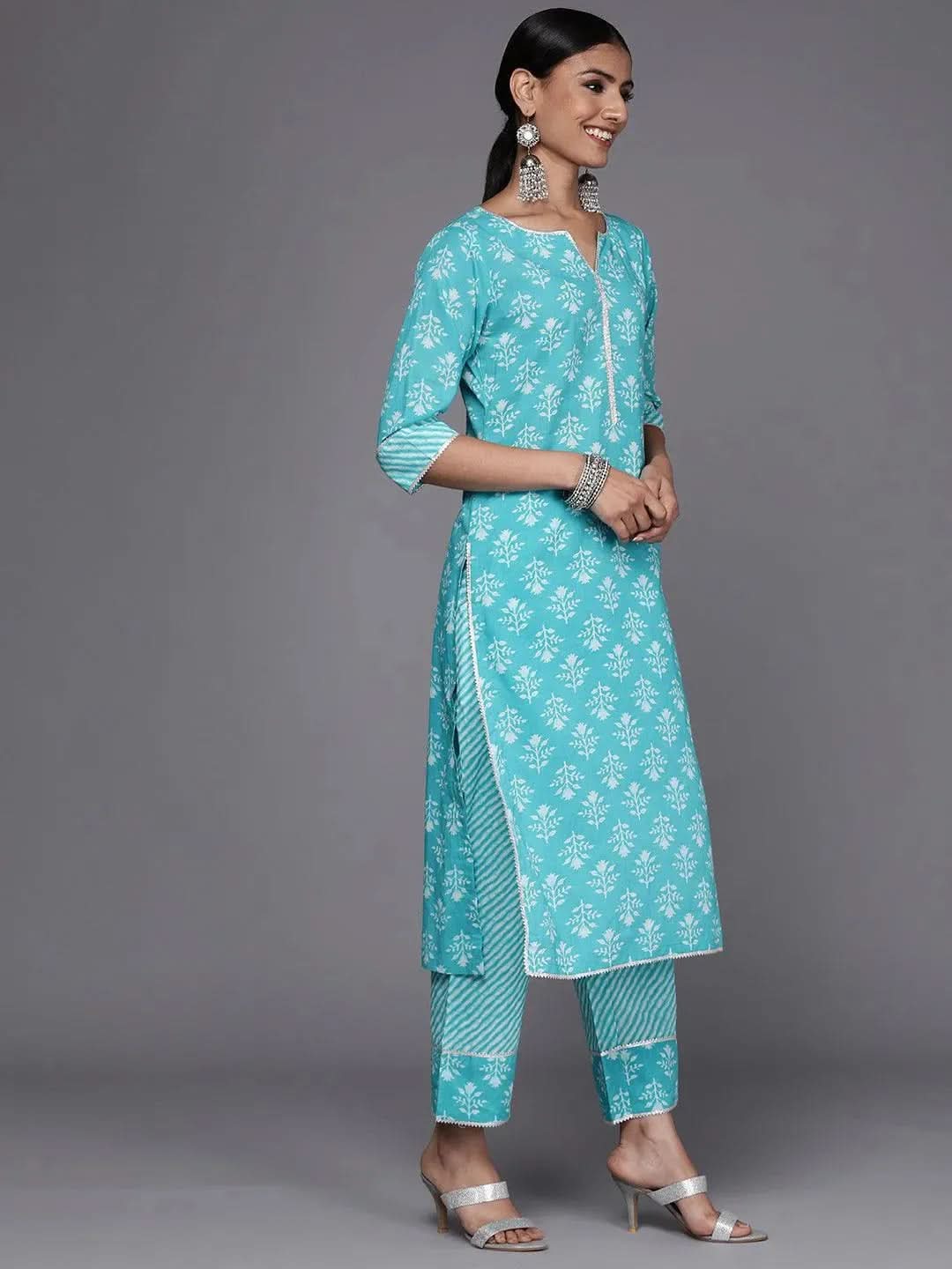 Libas Blue Printed Cotton Straight Kurta With Trousers & Dupatta