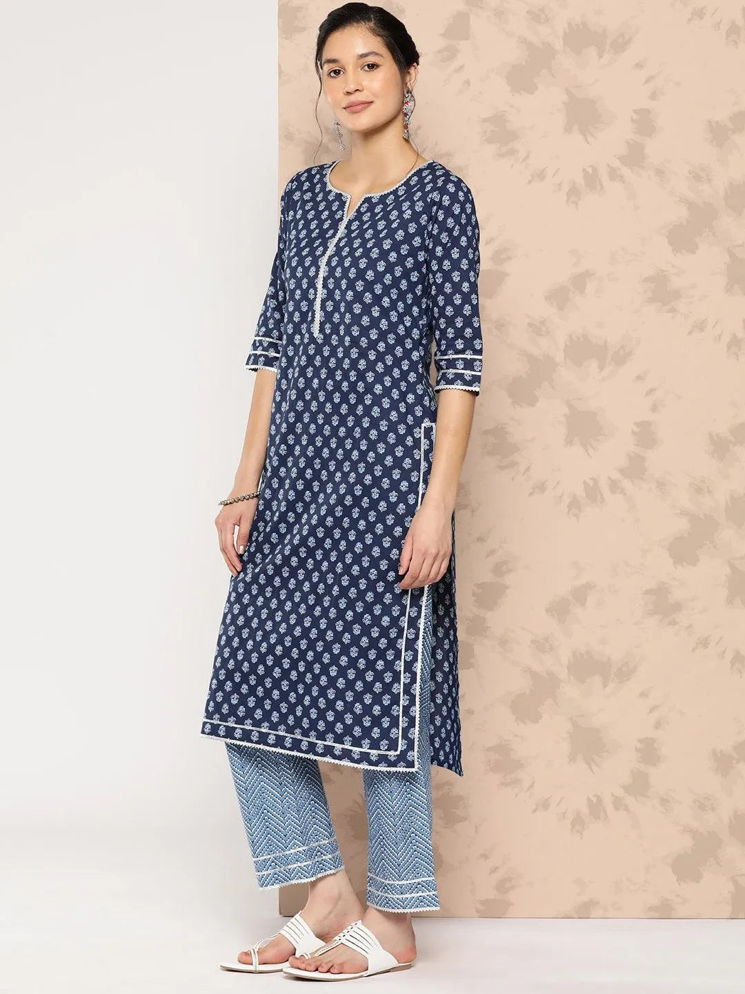 Libas Blue Printed Cotton Straight Kurta With Trousers and Dupatta