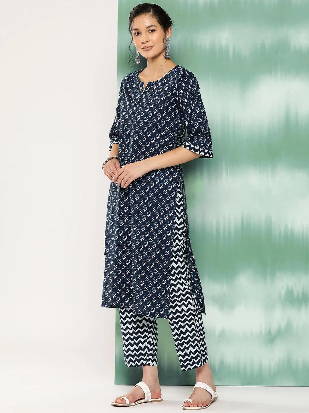 Libas Blue Printed Cotton Straight Kurta With Trousers and Dupatta