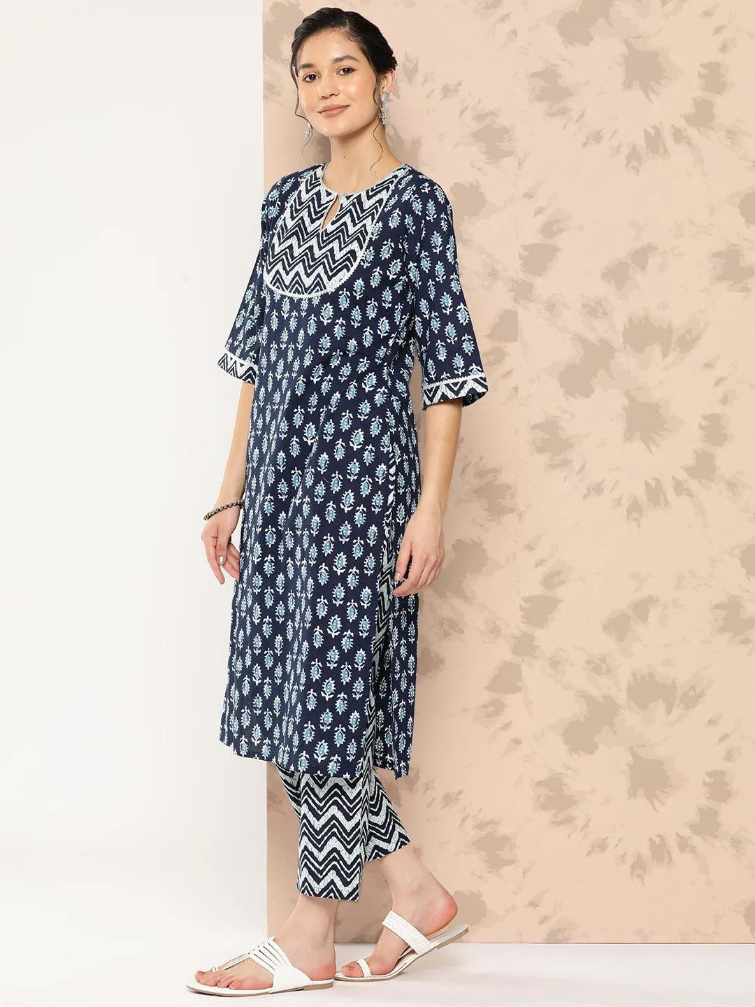 Libas Blue Printed Cotton Straight Kurta With Trousers and Dupatta