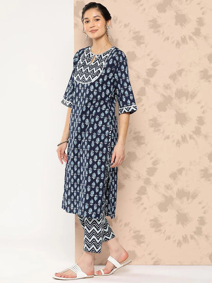 Libas Blue Printed Cotton Straight Kurta With Trousers and Dupatta