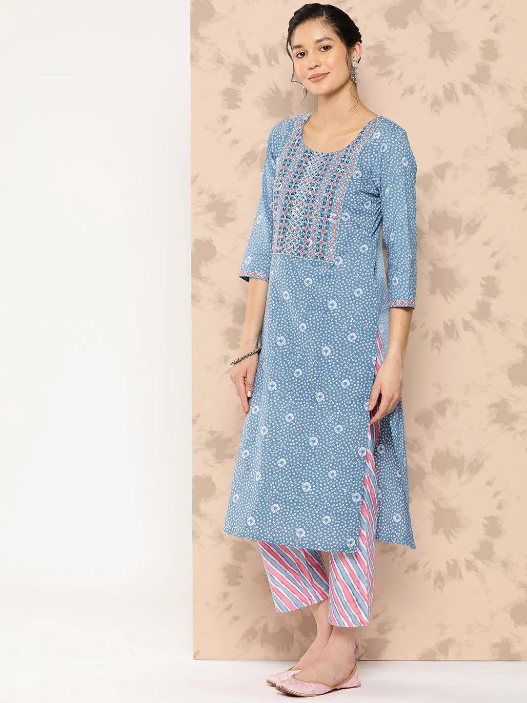 Libas Blue Printed Cotton Straight Kurta With Trousers and Dupatta