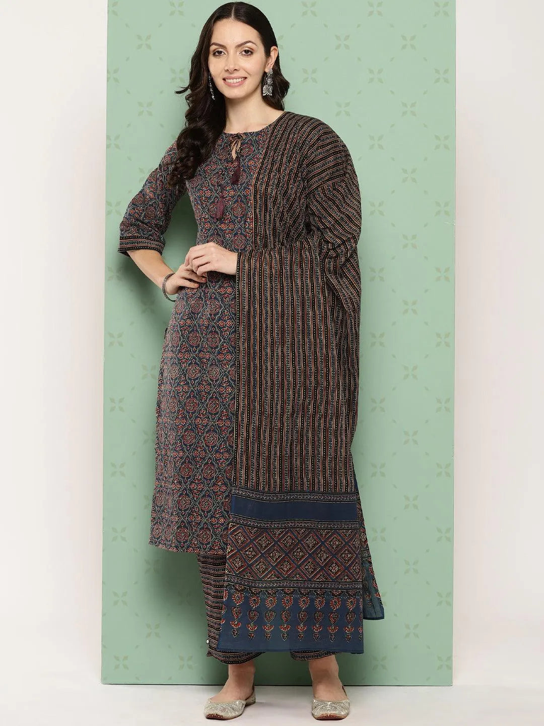 Libas Blue Printed Cotton Straight Suit With Dupatta