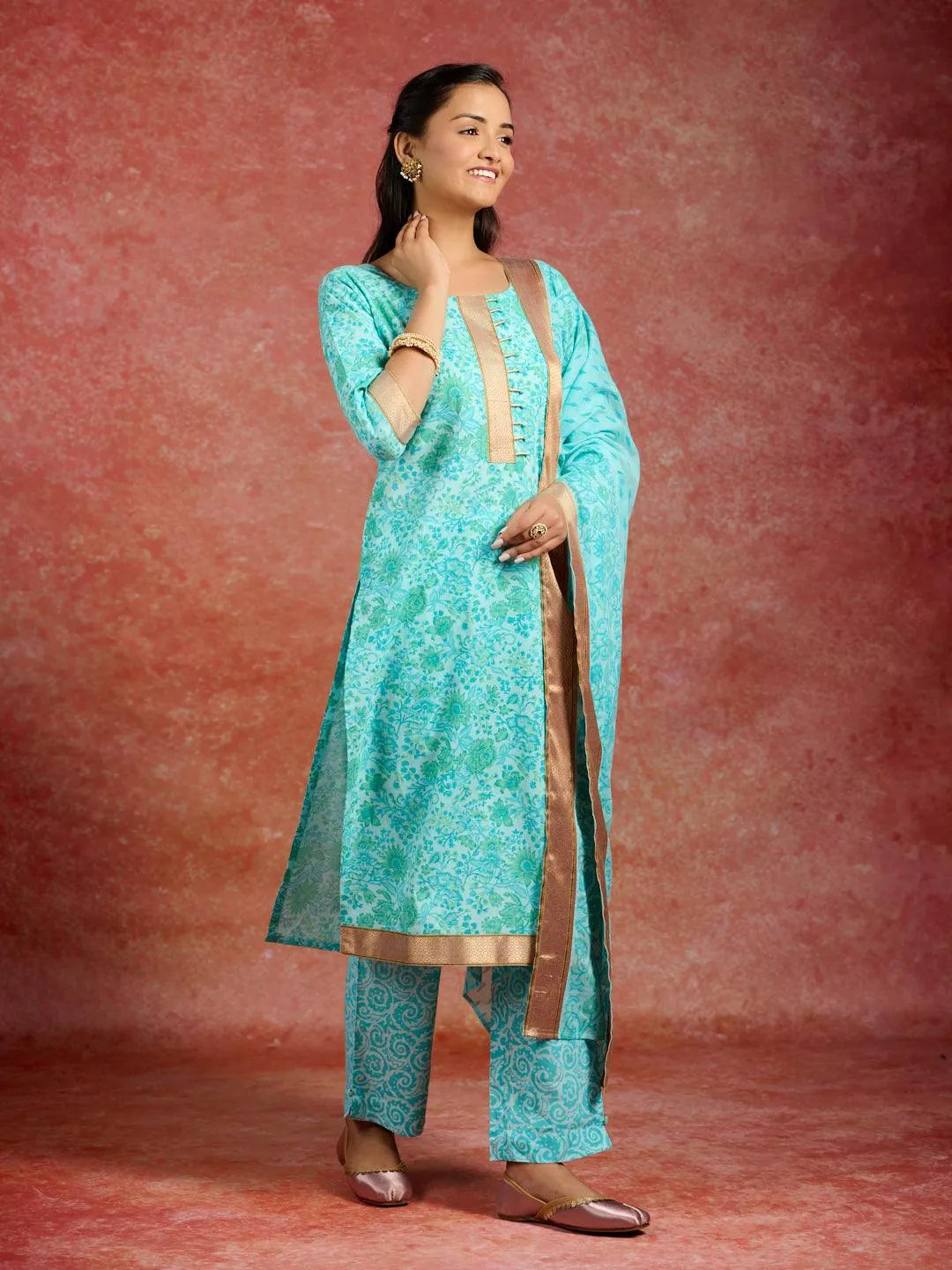 Libas Blue Printed Cotton Straight Suit With Dupatta