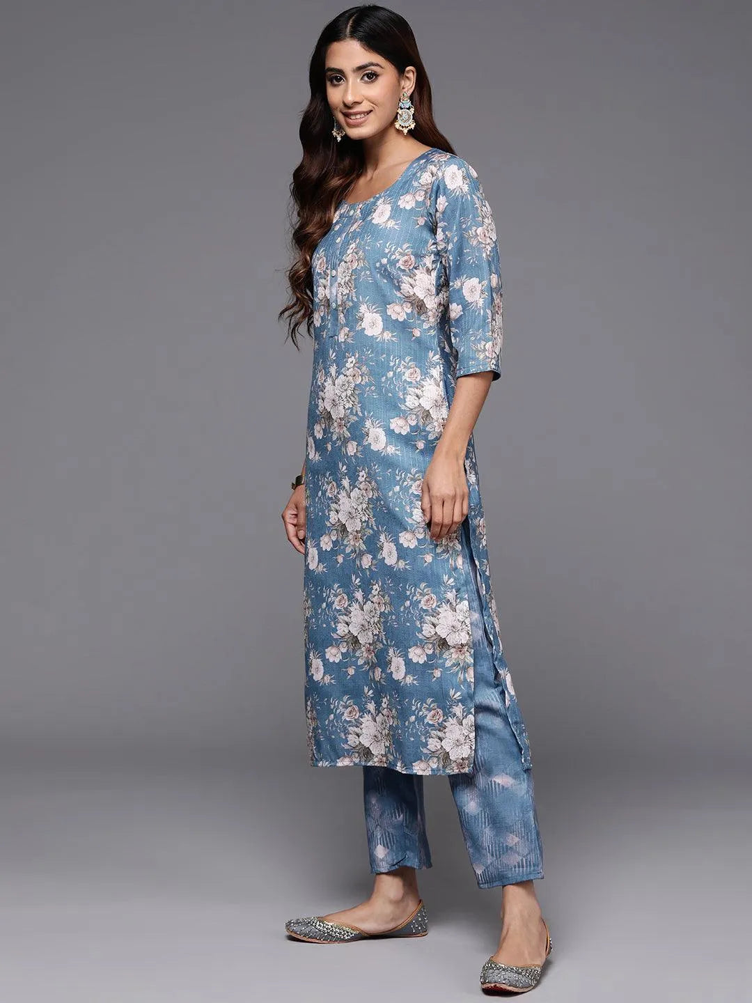 Libas Blue Printed Cotton Straight Suit With Dupatta