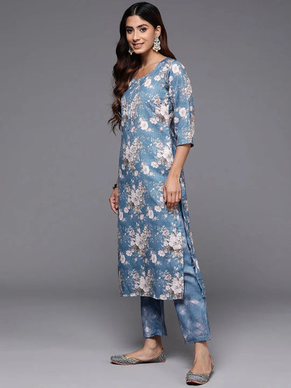 Libas Blue Printed Cotton Straight Suit With Dupatta