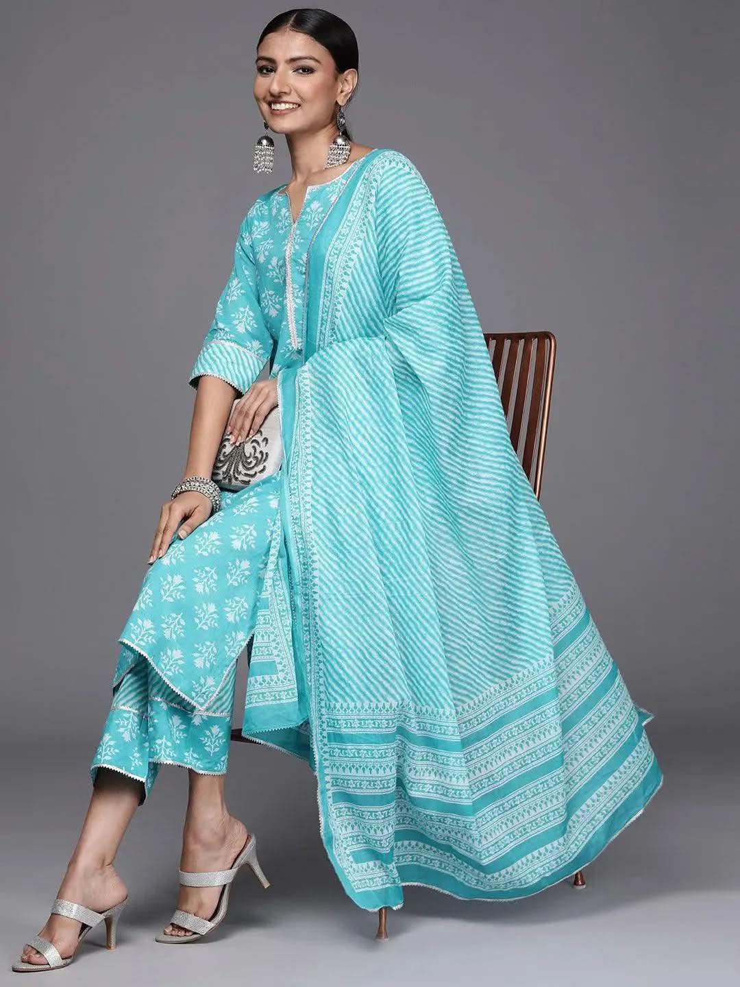 Libas Blue Printed Cotton Straight Kurta With Trousers & Dupatta