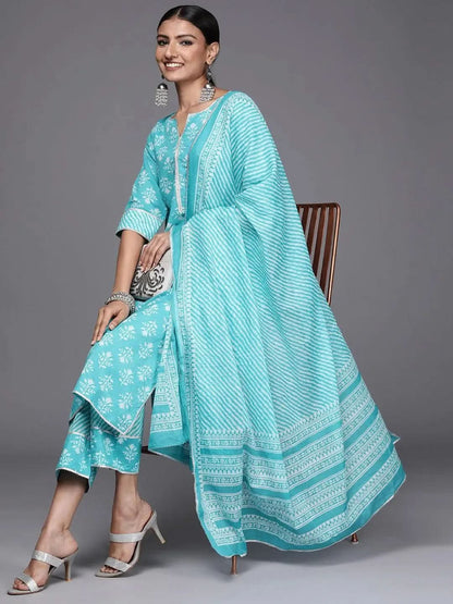 Libas Blue Printed Cotton Straight Kurta With Trousers & Dupatta