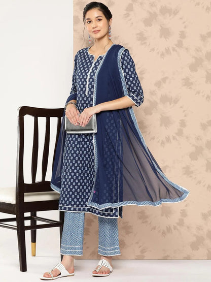 Libas Blue Printed Cotton Straight Kurta With Trousers and Dupatta